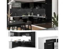 Online Vicco R-Line Eckküche Schwarz Hochglanz 227 x 287 cm AP Marmor ohne E-Geräte Winkelküchen|Einbauküchen