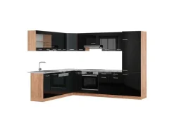 Winkelküchen|Herde<Vicco R-Line Eckküche /Goldkraft Eiche 227 x 287 cm AP Marmor ohne E-Geräte Schwarz Hochglanz