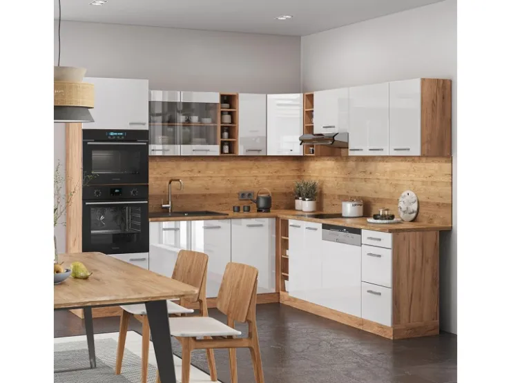 Clearance Vicco R-Line Eckküche Weiß Hochglanz/Goldkraft Eiche 237 x 60 cm ohne Arbeitsplatte ohne E-Geräte Hochglanz Weiß