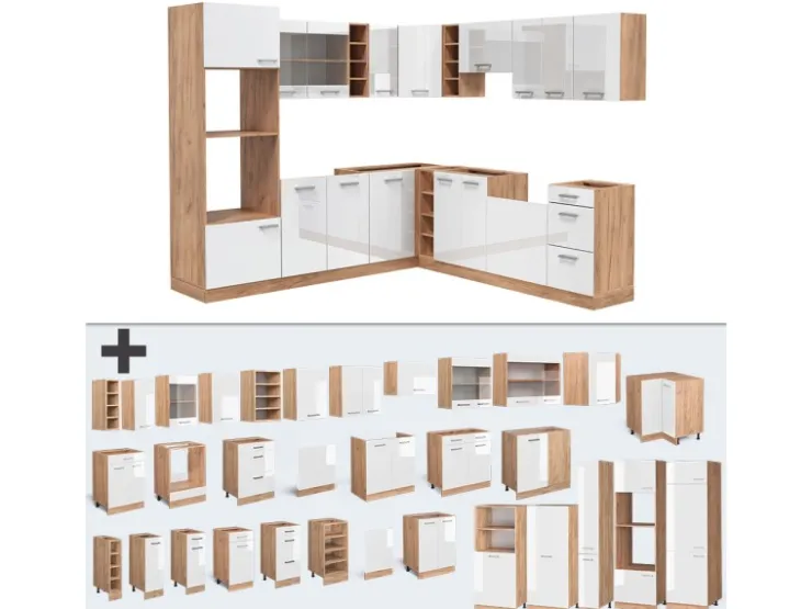 Clearance Vicco R-Line Eckküche Weiß Hochglanz/Goldkraft Eiche 237 x 60 cm ohne Arbeitsplatte ohne E-Geräte Hochglanz Weiß