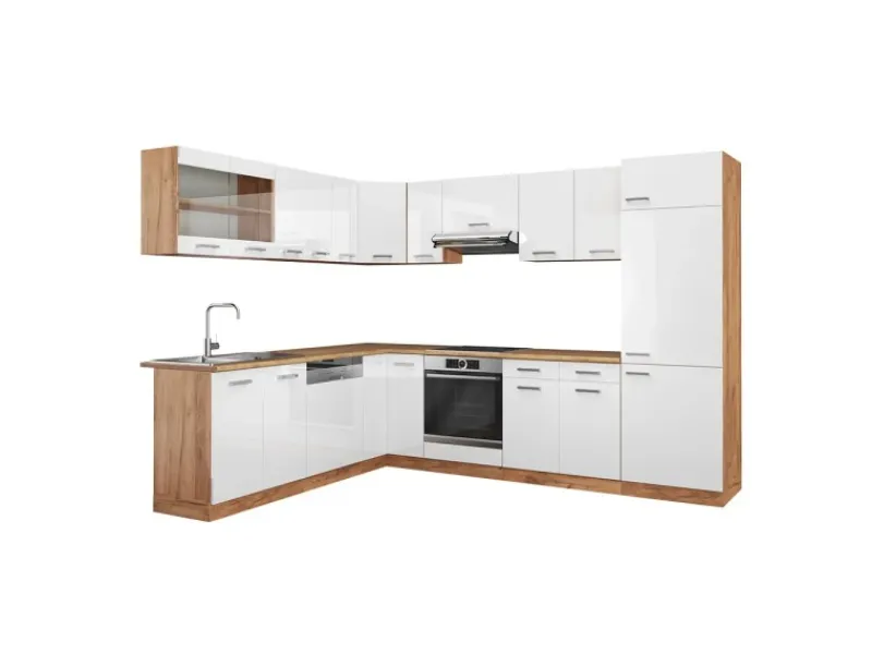 Outlet Vicco R-Line Eckküche Weiß Hochglanz/Goldkraft Eiche 227 x 287 cm AP Eiche ohne E-Geräte Winkelküchen