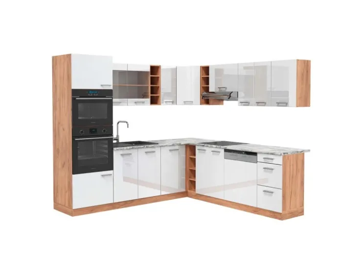 Discount Vicco R-Line Eckküche Weiß Hochglanz/Goldkraft Eiche 237 x 247 cm AP Marmor ohne E-Geräte Hochglanz Weiß