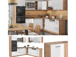 Clearance Vicco R-Line Eckküche Weiß Hochglanz/Goldkraft Eiche 237 x 247 cm AP Eiche ohne E-Geräte Winkelküchen|Kochfelder
