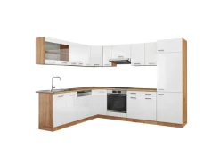 Hot Vicco R-Line Eckküche Weiß Hochglanz/Goldkraft Eiche 227 x 287 cm ohne Arbeitsplatte ohne E-Geräte Winkelküchen