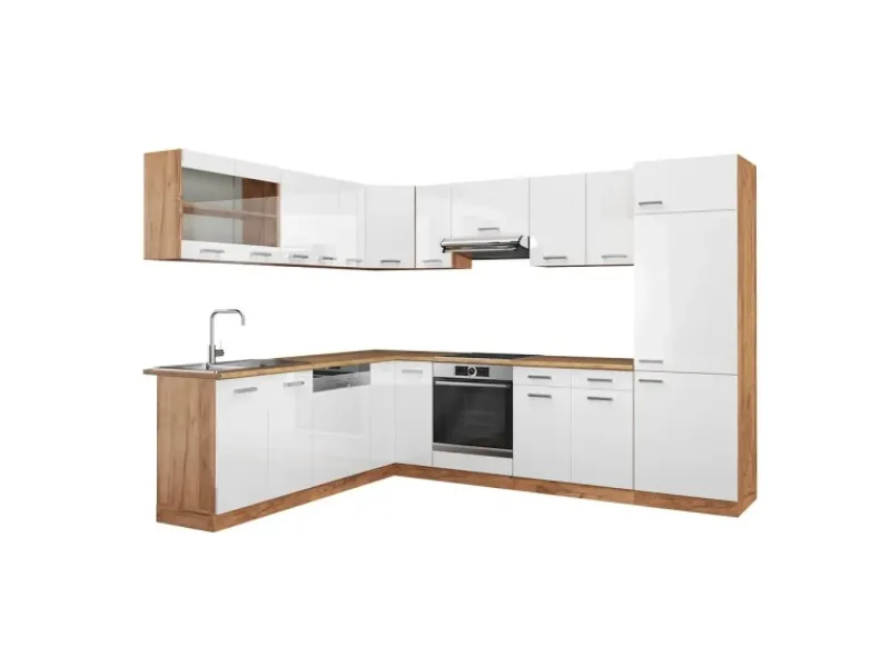 Hot Vicco R-Line Eckküche Weiß Hochglanz/Goldkraft Eiche 227 x 287 cm ohne Arbeitsplatte ohne E-Geräte Winkelküchen