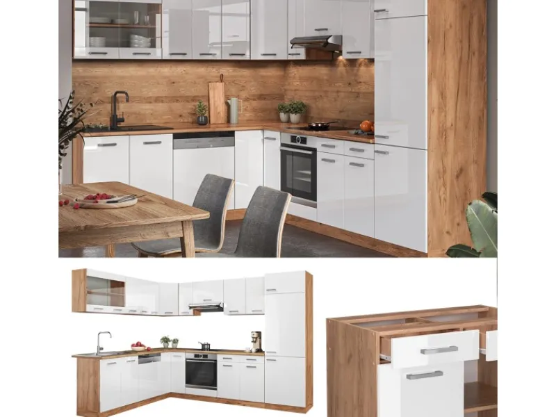 Hot Vicco R-Line Eckküche Weiß Hochglanz/Goldkraft Eiche 227 x 287 cm ohne Arbeitsplatte ohne E-Geräte Winkelküchen