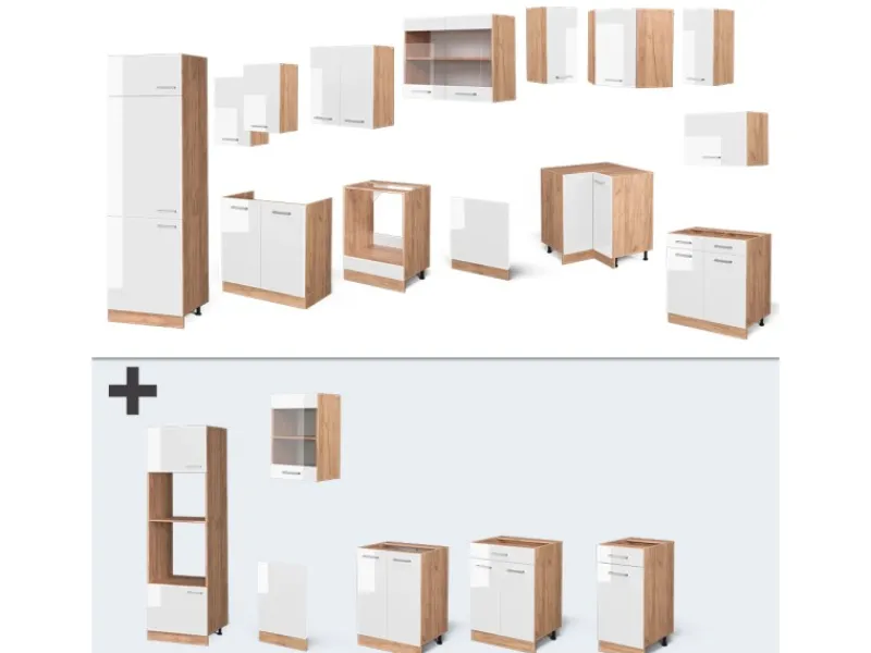 Hot Vicco R-Line Eckküche Weiß Hochglanz/Goldkraft Eiche 227 x 287 cm ohne Arbeitsplatte ohne E-Geräte Winkelküchen