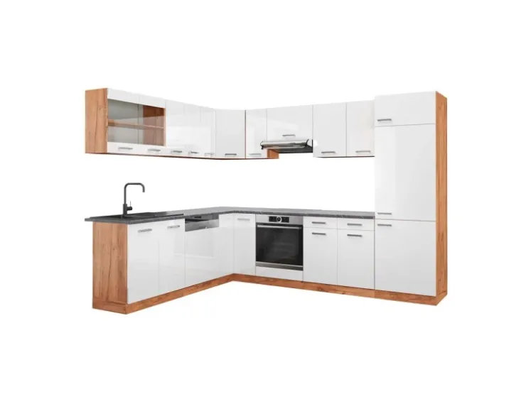 Clearance Vicco R-Line Eckküche Weiß Hochglanz/Goldkraft Eiche 227 x 287 cm AP Anthrazit ohne E-Geräte Hochglanz Weiß