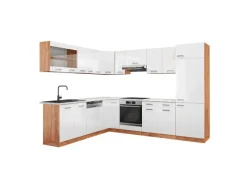 Outlet Vicco R-Line Eckküche Weiß Hochglanz/Goldkraft Eiche 227 x 287 cm AP Marmor ohne E-Geräte Winkelküchen