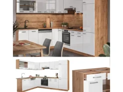 Outlet Vicco R-Line Eckküche Weiß Hochglanz/Goldkraft Eiche 227 x 287 cm AP Marmor ohne E-Geräte Winkelküchen