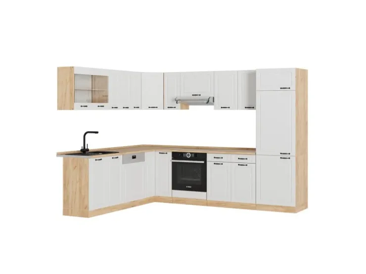 Outlet Vicco R-Line Eckküche Weiß Landhaus/Goldkraft Eiche 227 x 287 cm ohne Arbeitsplatte ohne E-Geräte Weiß Struktur