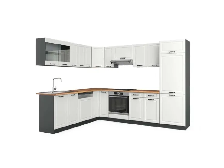 Winkelküchen<Vicco R-Line Eckküche Weiß Landhaus/Anthrazit 227 x 287 cm AP Eiche ohne E-Geräte Weiß Strukturiert