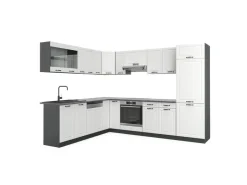 Winkelküchen<Vicco R-Line Eckküche Weiß Landhaus/Anthrazit 227 x 287 cm AP Anthrazit ohne E-Geräte Weiß Strukturiert