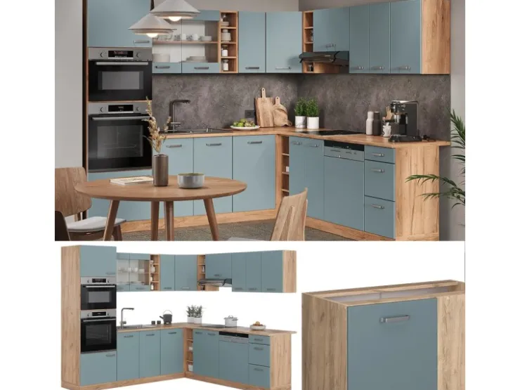Winkelküchen<Vicco R-Line Einbauküche Blau-Grau/Goldkraft Eiche 237 x 60 cm ohne Arbeitsplatte ohne E-Geräte Blaugrau