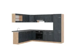 Clearance Vicco R-Line Einbauküche in L-Form Schwarz Beton/Goldkraft Eiche 227 x 287 cm AP Anthrazit ohne E-Geräte Winkelküchen