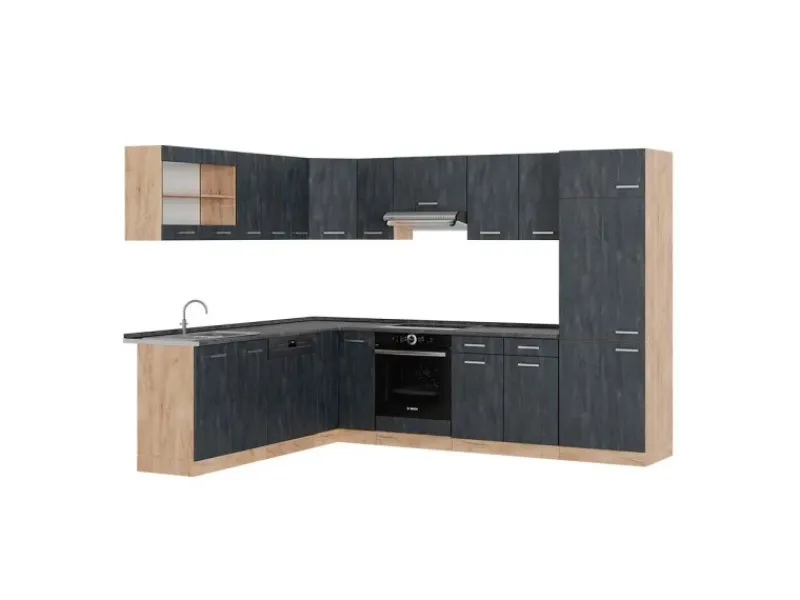 Clearance Vicco R-Line Einbauküche in L-Form Schwarz Beton/Goldkraft Eiche 227 x 287 cm AP Anthrazit ohne E-Geräte Winkelküchen