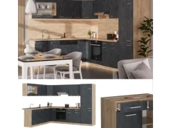 Clearance Vicco R-Line Einbauküche in L-Form Schwarz Beton/Goldkraft Eiche 227 x 287 cm AP Anthrazit ohne E-Geräte Winkelküchen