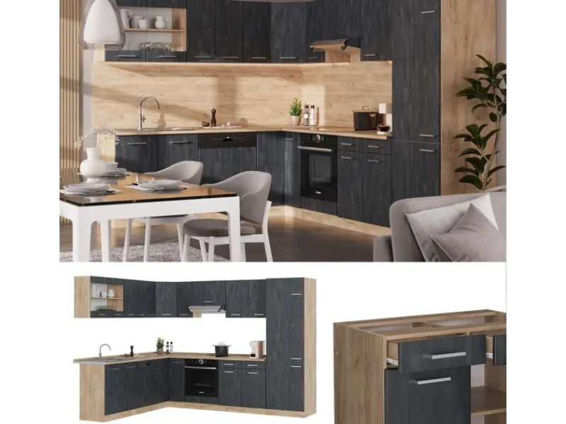 Clearance Vicco R-Line Einbauküche in L-Form Schwarz Beton/Goldkraft Eiche 227 x 287 cm AP Anthrazit ohne E-Geräte Winkelküchen