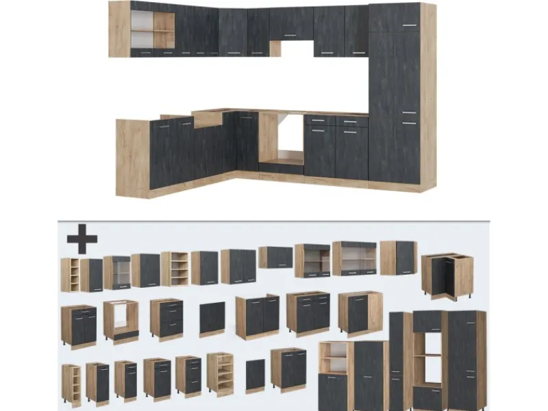 Clearance Vicco R-Line Einbauküche in L-Form Schwarz Beton/Goldkraft Eiche 227 x 287 cm AP Anthrazit ohne E-Geräte Winkelküchen