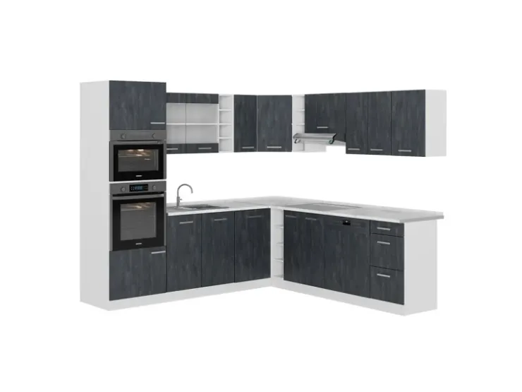 Online Vicco R-Line Einbauküche in L-Form Schwarz Beton/Weiß 237 x 247 cm AP Marmor ohne E-Geräte Beton Dunkelgrau