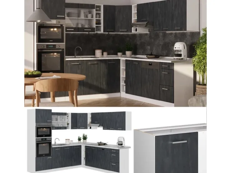 Online Vicco R-Line Einbauküche in L-Form Schwarz Beton/Weiß 237 x 247 cm AP Marmor ohne E-Geräte Beton Dunkelgrau