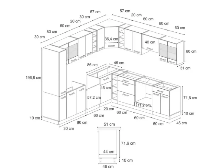 Online Vicco R-Line Einbauküche in L-Form Schwarz Beton/Weiß 237 x 247 cm AP Marmor ohne E-Geräte Beton Dunkelgrau