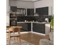 Online Vicco R-Line Einbauküche in L-Form Schwarz Beton/Weiß 237 x 247 cm AP Marmor ohne E-Geräte Beton Dunkelgrau