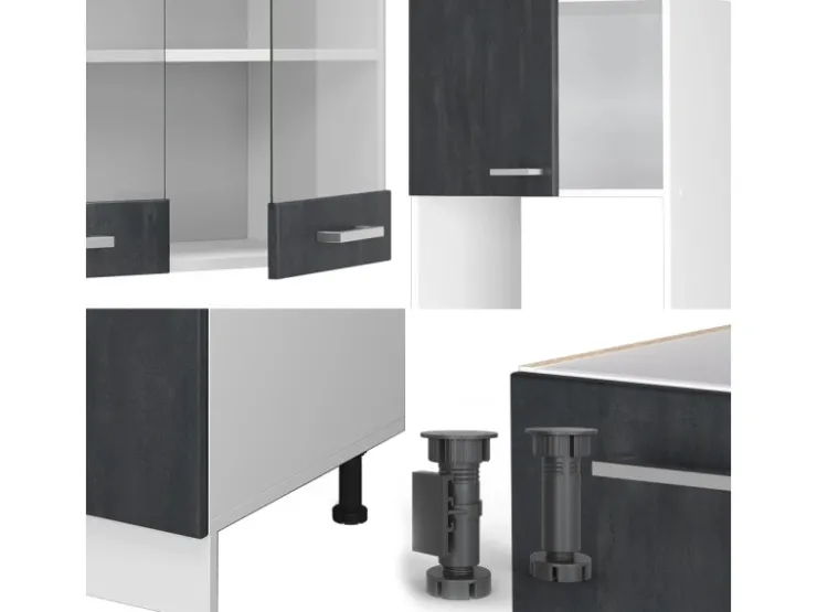 Online Vicco R-Line Einbauküche in L-Form Schwarz Beton/Weiß 237 x 247 cm AP Marmor ohne E-Geräte Beton Dunkelgrau
