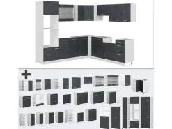 Online Vicco R-Line Einbauküche in L-Form Schwarz Beton/Weiß 237 x 247 cm AP Marmor ohne E-Geräte Beton Dunkelgrau