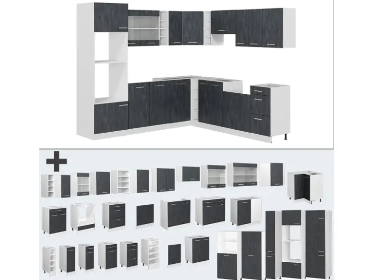 Online Vicco R-Line Einbauküche in L-Form Schwarz Beton/Weiß 237 x 247 cm AP Marmor ohne E-Geräte Beton Dunkelgrau