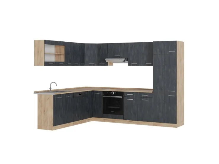 Hot Vicco R-Line Einbauküche in L-Form Schwarz Beton/Goldkraft Eiche 227 x 287 cm AP Eiche ohne E-Geräte Beton Dunkelgrau
