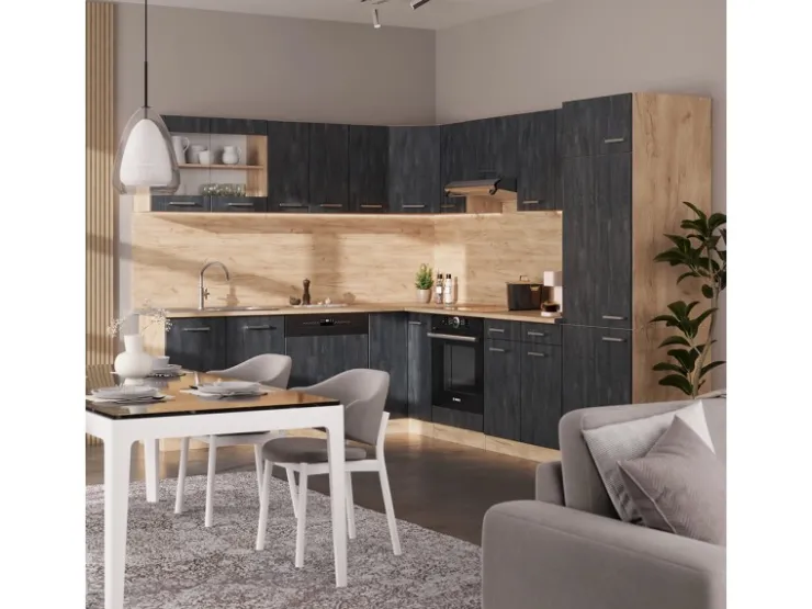 Hot Vicco R-Line Einbauküche in L-Form Schwarz Beton/Goldkraft Eiche 227 x 287 cm AP Eiche ohne E-Geräte Beton Dunkelgrau