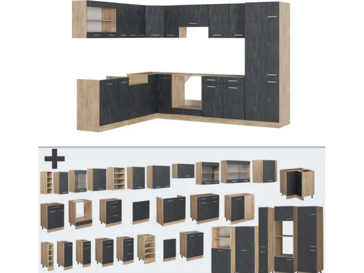 Hot Vicco R-Line Einbauküche in L-Form Schwarz Beton/Goldkraft Eiche 227 x 287 cm AP Eiche ohne E-Geräte Beton Dunkelgrau