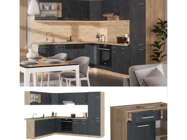 Clearance Vicco R-Line Einbauküche in L-Form Schwarz Beton/Goldkraft Eiche 227 x 287 cm ohne Arbeitsplatte ohne E-Geräte Beton Dunkelgrau