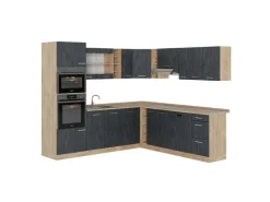 Outlet Vicco R-Line Einbauküche in L-Form Schwarz Beton/Goldkraft Eiche 237 x 247 cm ohne Arbeitsplatte ohne E-Geräte Beton Dunkelgrau