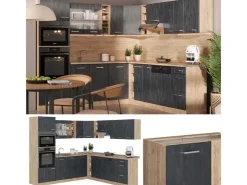 Outlet Vicco R-Line Einbauküche in L-Form Schwarz Beton/Goldkraft Eiche 237 x 247 cm ohne Arbeitsplatte ohne E-Geräte Beton Dunkelgrau