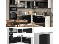 Winkelküchen|Einbauküchen<Vicco R-Line Einbauküche in L-Form /Weiß 237 x 247 cm AP Eiche ohne E-Geräte Schwarz Hochglanz