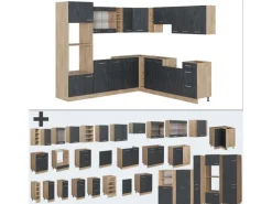 Discount Vicco R-Line Einbauküche in L-Form Schwarz Beton/Goldkraft Eiche 237 x 247 cm AP Anthrazit ohne E-Geräte Winkelküchen