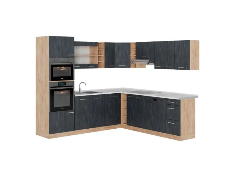 Online Vicco R-Line Einbauküche in L-Form Schwarz Beton/Goldkraft Eiche 237 x 247 cm AP Marmor ohne E-Geräte Winkelküchen|Einbauküchen