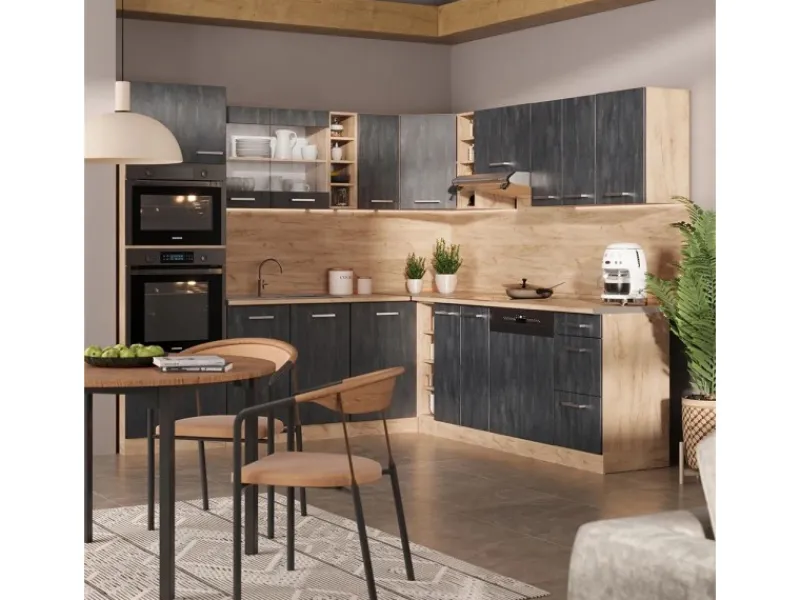 Online Vicco R-Line Einbauküche in L-Form Schwarz Beton/Goldkraft Eiche 237 x 247 cm AP Marmor ohne E-Geräte Winkelküchen|Einbauküchen