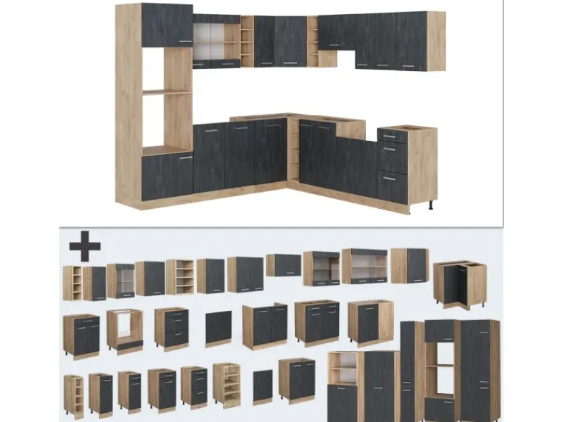 Online Vicco R-Line Einbauküche in L-Form Schwarz Beton/Goldkraft Eiche 237 x 247 cm AP Marmor ohne E-Geräte Winkelküchen|Einbauküchen