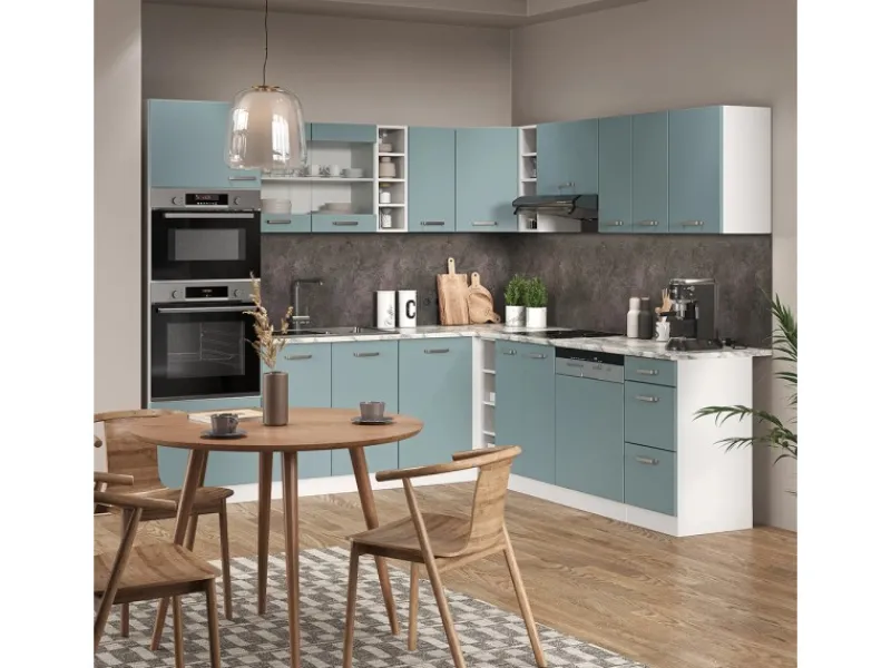 Clearance Vicco R-Line Einbauküche in L-Form Blau-Grau/Weiß 237 x 247 cm AP Anthrazit ohne E-Geräte Winkelküchen|Einbauküchen