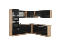 Clearance Vicco R-Line Einbauküche /Goldkraft Eiche 237 x 60 cm ohne Arbeitsplatte ohne E-Geräte Schwarz Hochglanz
