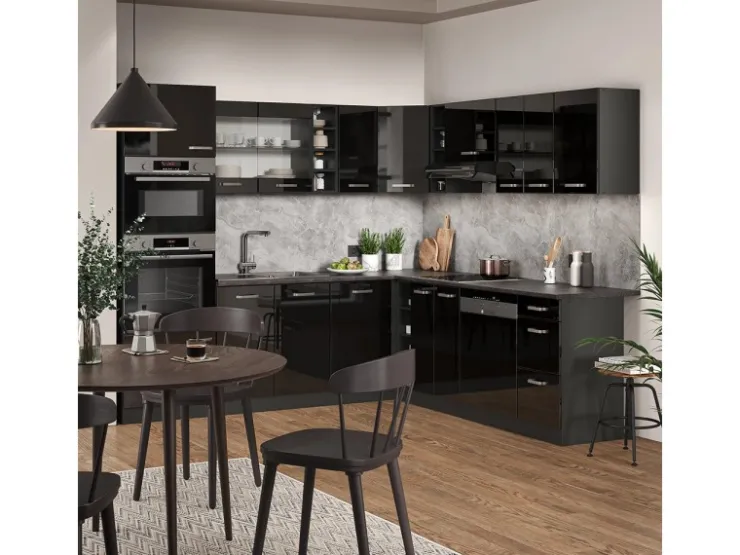 Outlet Vicco R-Line Einbauküche /Anthrazit 237 x 60 cm ohne Arbeitsplatte ohne E-Geräte Schwarz Hochglanz