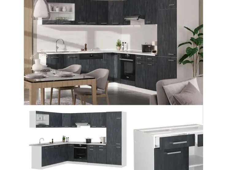 Outlet Vicco R-Line Einbauküche Schwarz Beton/Weiß 227 x 287 cm AP Anthrazit ohne E-Geräte Beton Dunkelgrau
