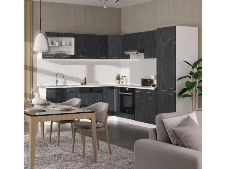 Outlet Vicco R-Line Einbauküche Schwarz Beton/Weiß 227 x 287 cm AP Anthrazit ohne E-Geräte Beton Dunkelgrau