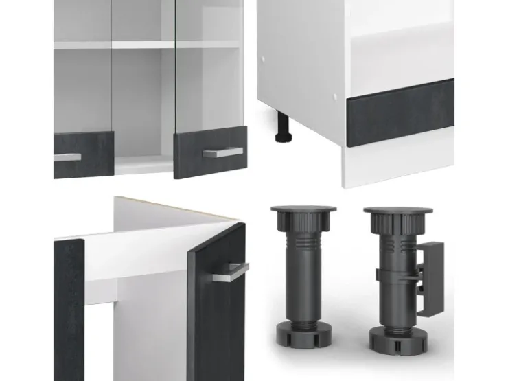 Outlet Vicco R-Line Einbauküche Schwarz Beton/Weiß 227 x 287 cm AP Anthrazit ohne E-Geräte Beton Dunkelgrau