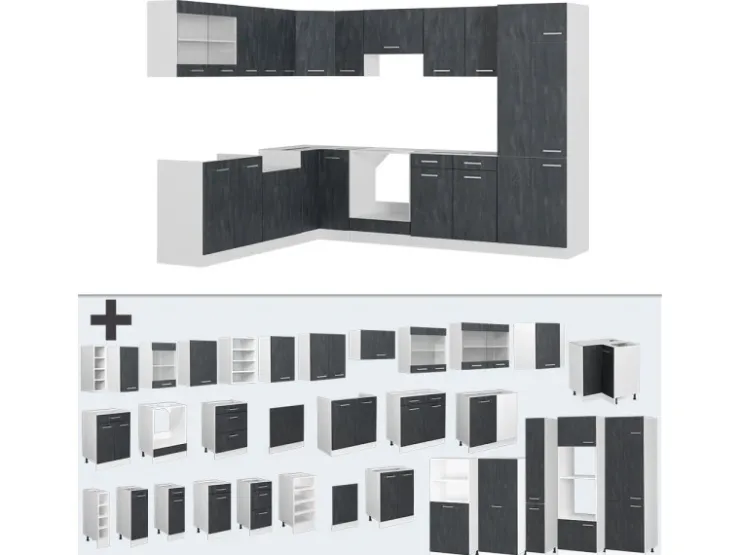 Outlet Vicco R-Line Einbauküche Schwarz Beton/Weiß 227 x 287 cm AP Anthrazit ohne E-Geräte Beton Dunkelgrau