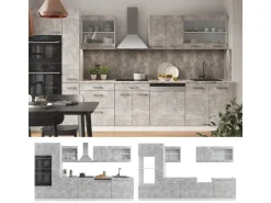 Einbauküchen<Vicco R-Line Küche Beton/Weiß 350 cm mit HochschrankAP Marmor ohne E-Geräte Betongrau