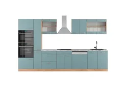 Hot Vicco R-Line Küche Blau-Grau/Goldkraft Eiche 350 cm mit HochschrankAP Marmor ohne E-Geräte Blaugrau